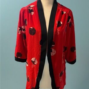 Chic Red Kimono Jacket with Black Accents